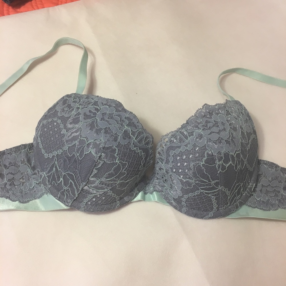 Lavender colored push up lace bra with mint straps